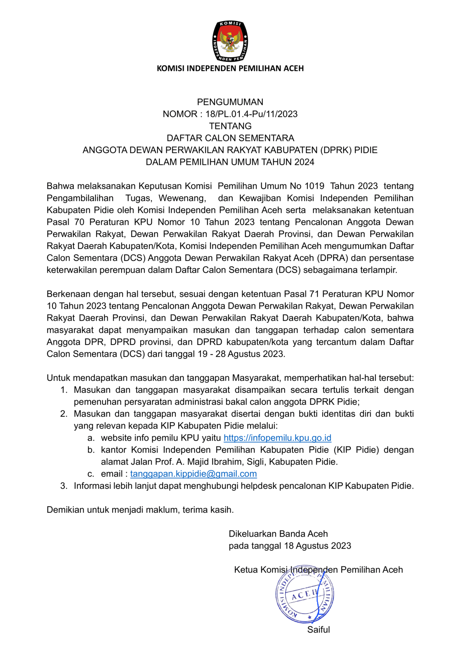 Pengumuman DCS DPRK Pidie Pemilu 2024